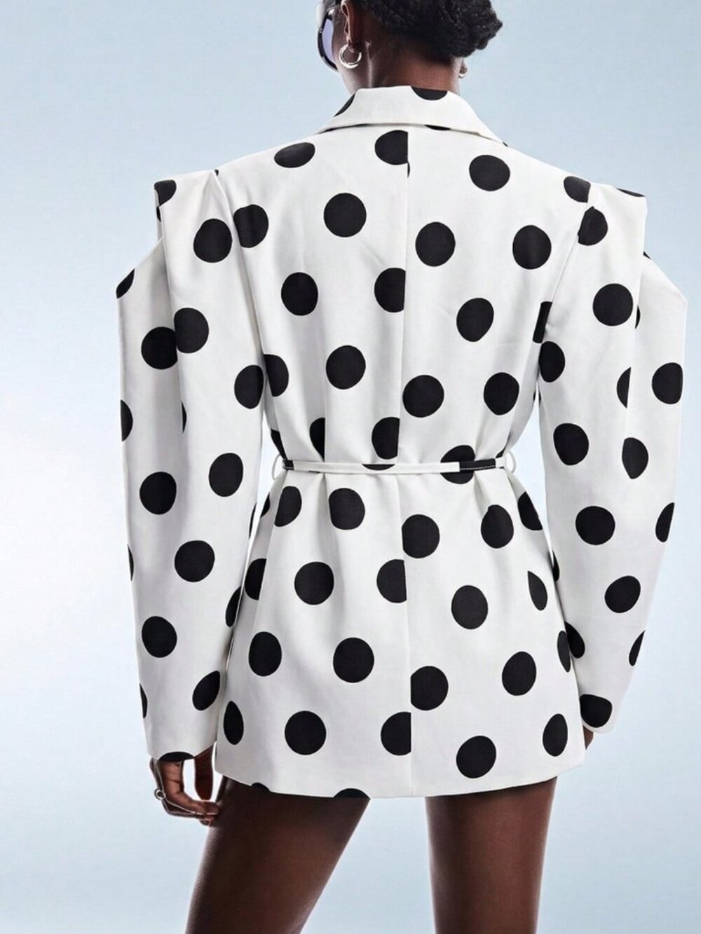 Black White Elegant Women's Polka Dot Oversized Structured Cinched Waist Blazer - Picture 2 of 8
